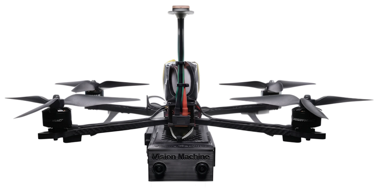 VM-02 Sentinel prototype: carbon quad airframe with on-board Vision Machine edge AI module